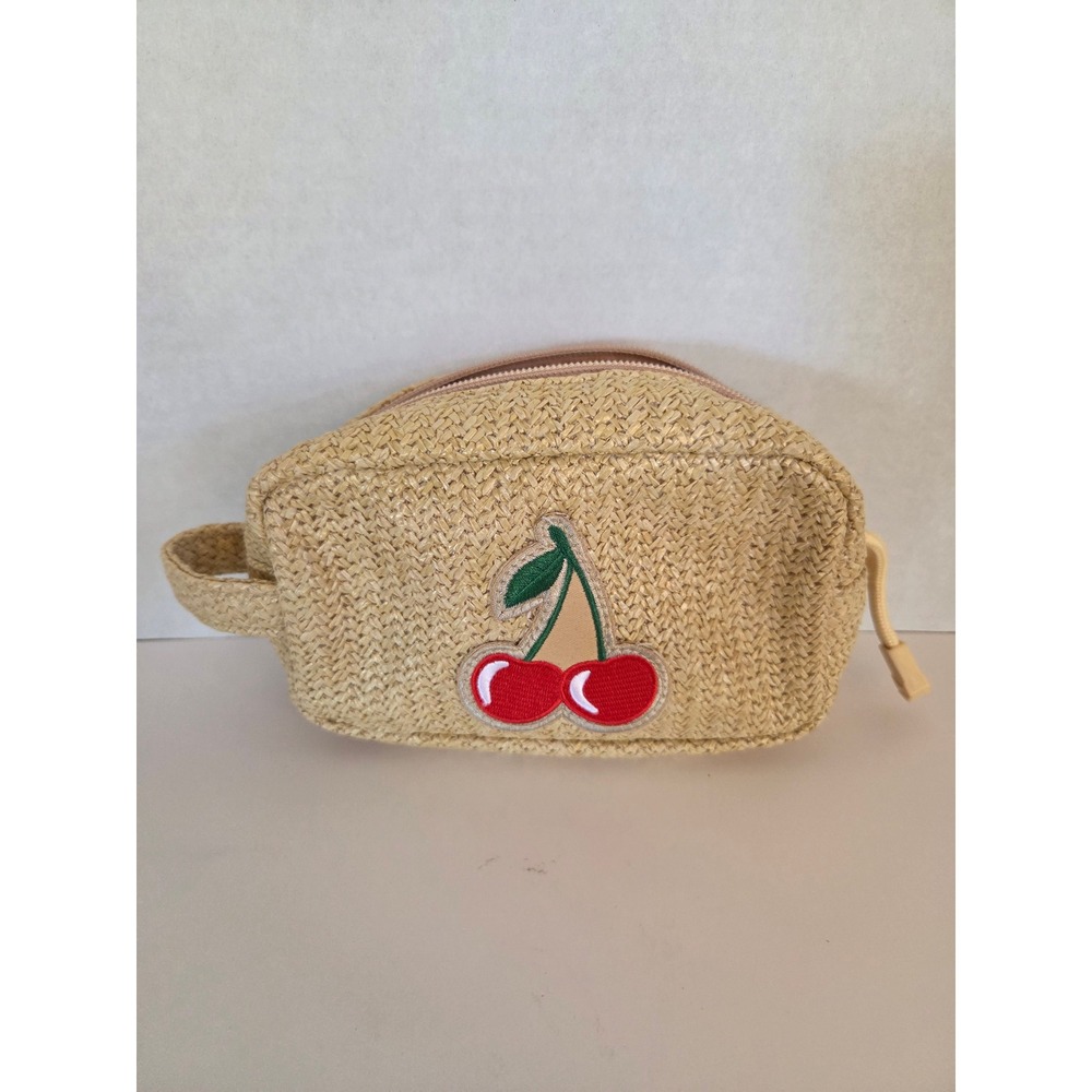 Straw Cosmetic Bag‎ with Cherry Embroidery Cute Small Travel Pouch